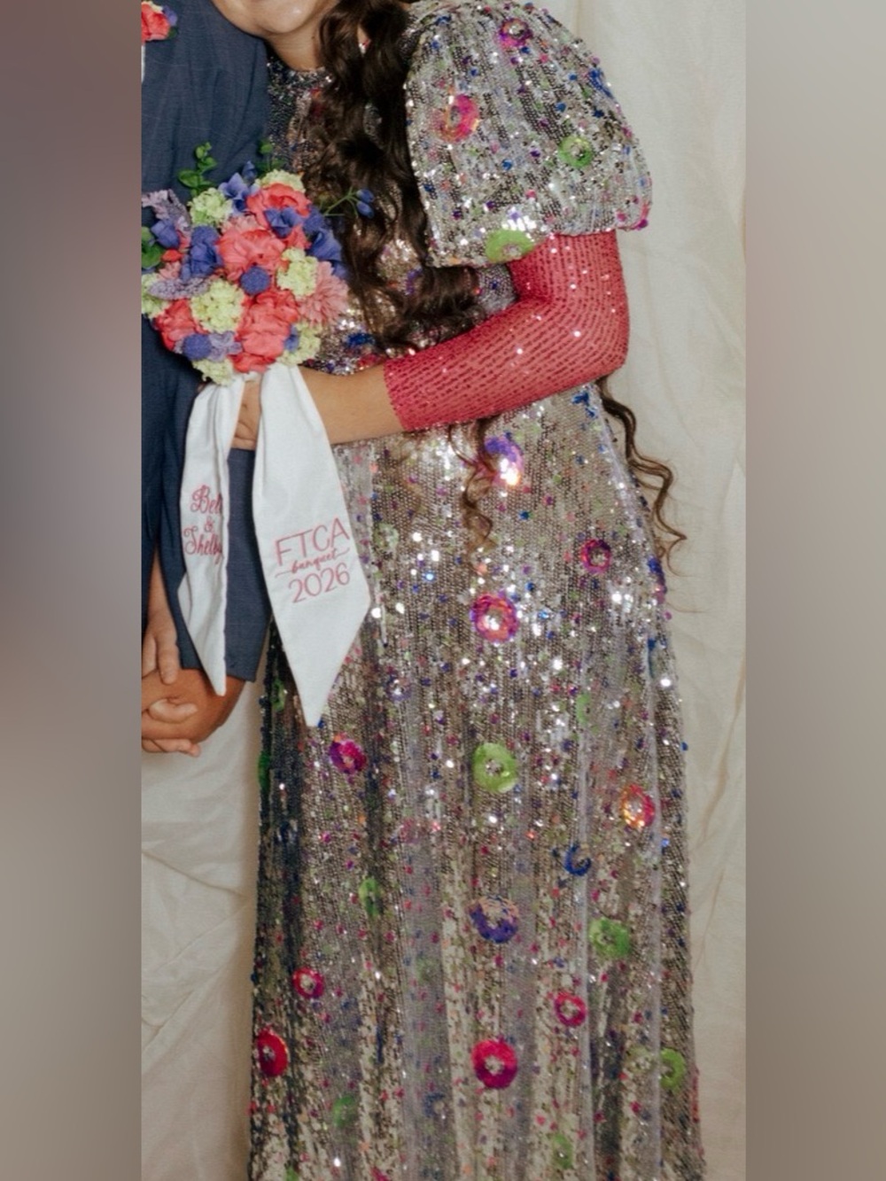 Silver Sequin Puff-Sleeve Maxi Dress with Multicolor Embellishments - Picture 5 of 6